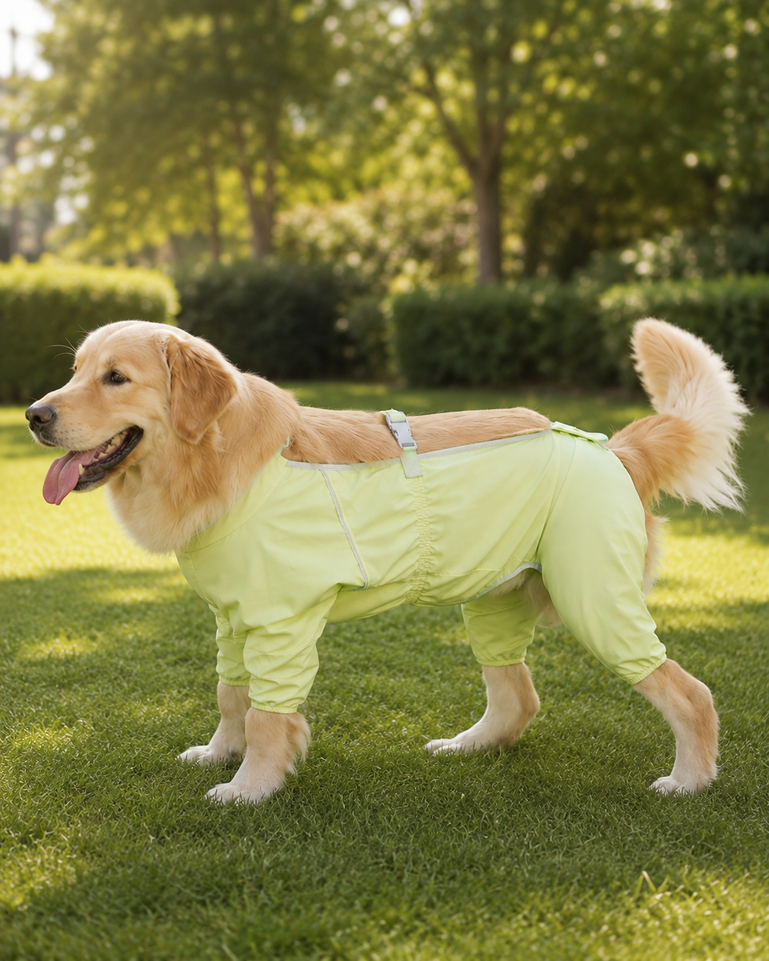 Golden Retriever wearing the Outdoor Water-Resistant Dog Jumpsuit in Yellow Green.#Color_Yellow green