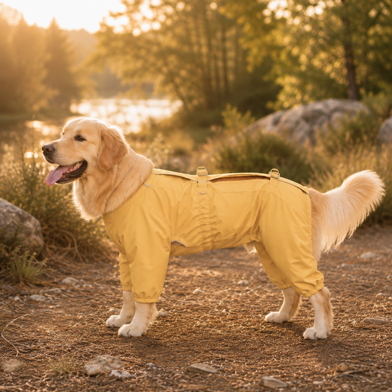 Golden Retriever wearing the Outdoor Water-Resistant Dog Jumpsuit in Egg Yolk Sweet Heart Yellow.#Color_Egg yolk sweet heart yellow