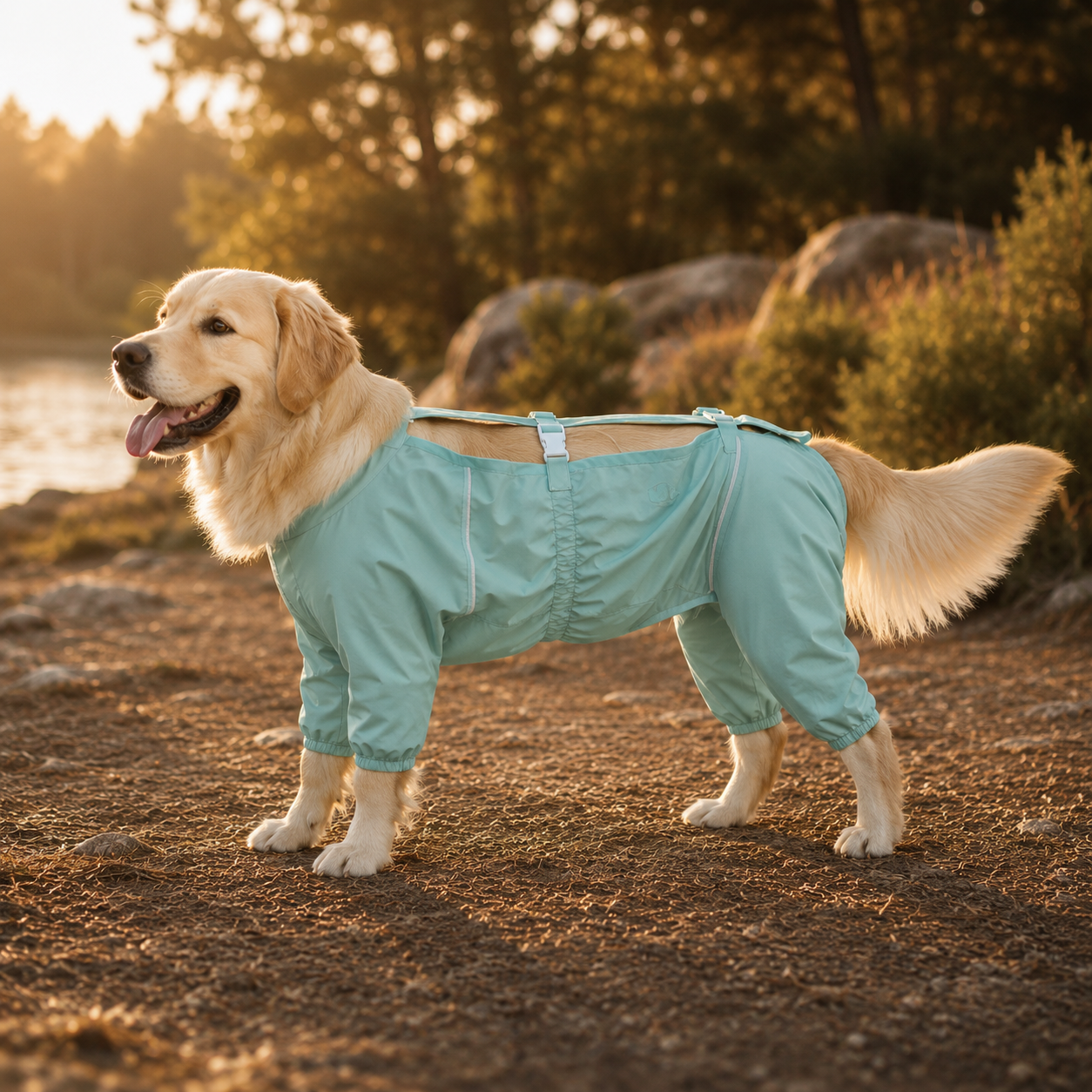Golden Retriever wearing the Outdoor Water-Resistant Dog Jumpsuit in Tulip Sea Green.#Color_Tulip sea green