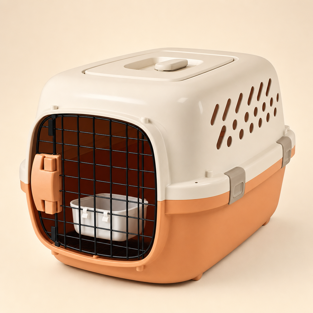 Hard-sided pet travel crate in Vibrant Orange with a cream lid, seen from a three-quarter angle, with a black wire door on the near end.