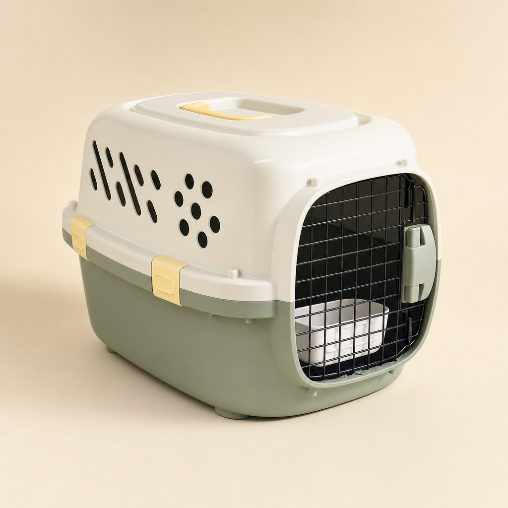 The same travel crate in Matcha Green with a cream lid, angled the opposite way, showing the vented side of the lid and the butter-yellow clips along the seam.