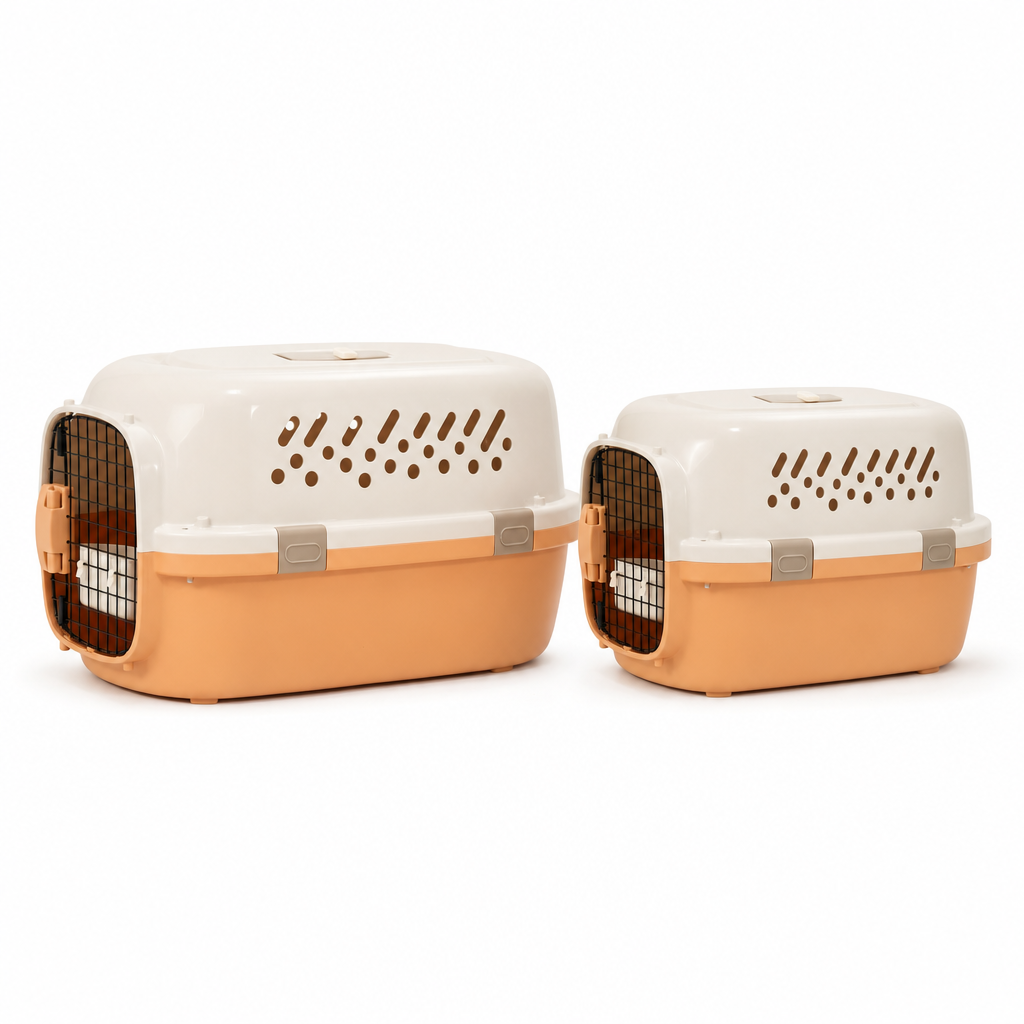 Die große und die kleine Box nebeneinander in Vibrant Orange, beide von der Seite auf derselben Standlinie, sodass die große sichtbar länger und höher ist.