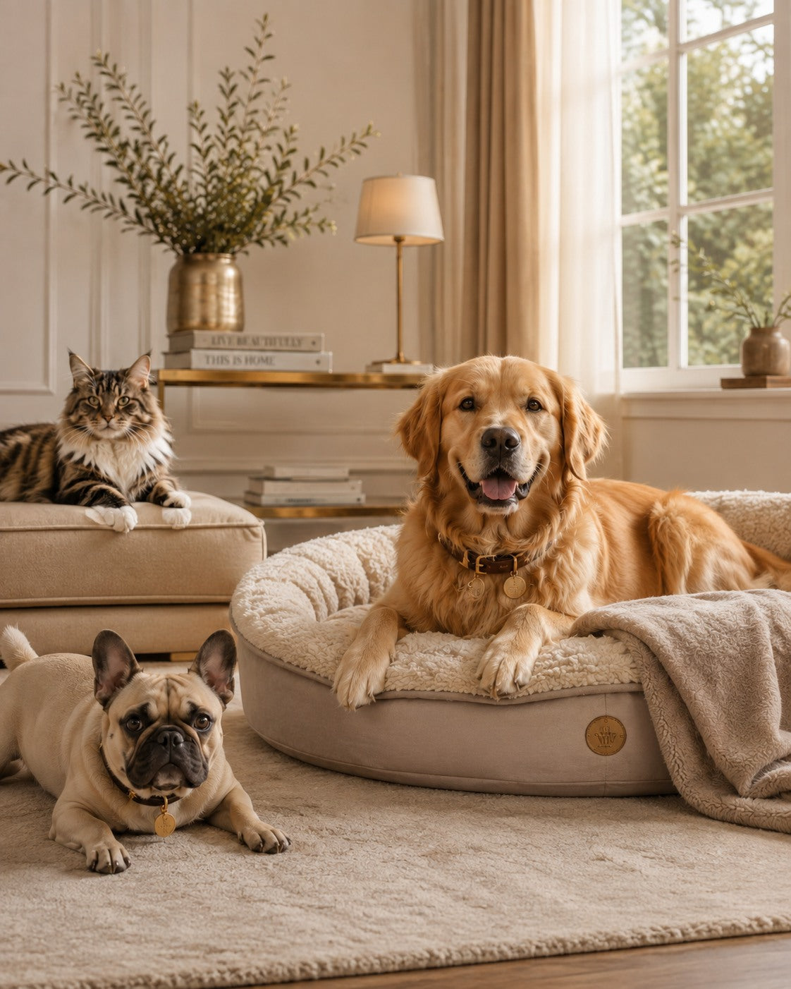 Golden Retriever ruht in einem weichen, neutral gehaltenen Hundebett in einem eleganten Wohnzimmer.