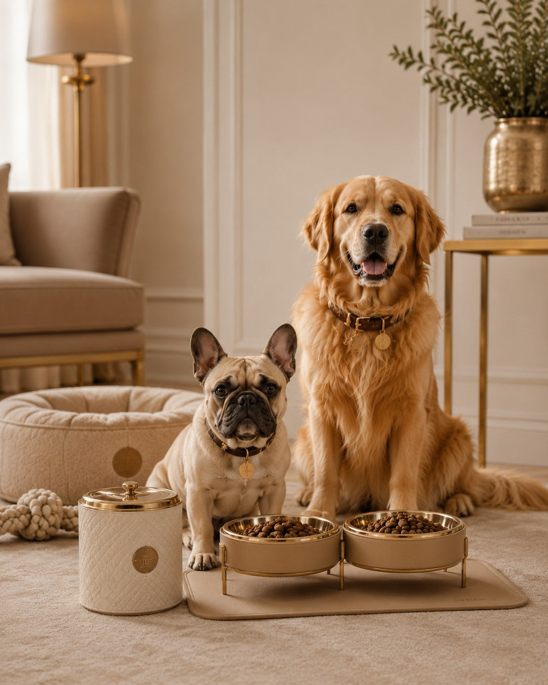 Hunde neben erhöhten Futternäpfen in neutralen Farbtönen in einem warmen, hochwertigen Interieur.