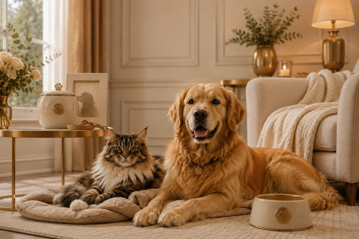 Golden Retriever und Maine-Coon-Katze ruhen gemeinsam in einem eleganten, warm getönten Zuhause.