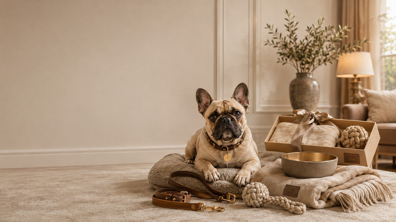 Französische Bulldogge neben hochwertigem Zubehör in neutralen Farbtönen und einer Geschenkverpackung.