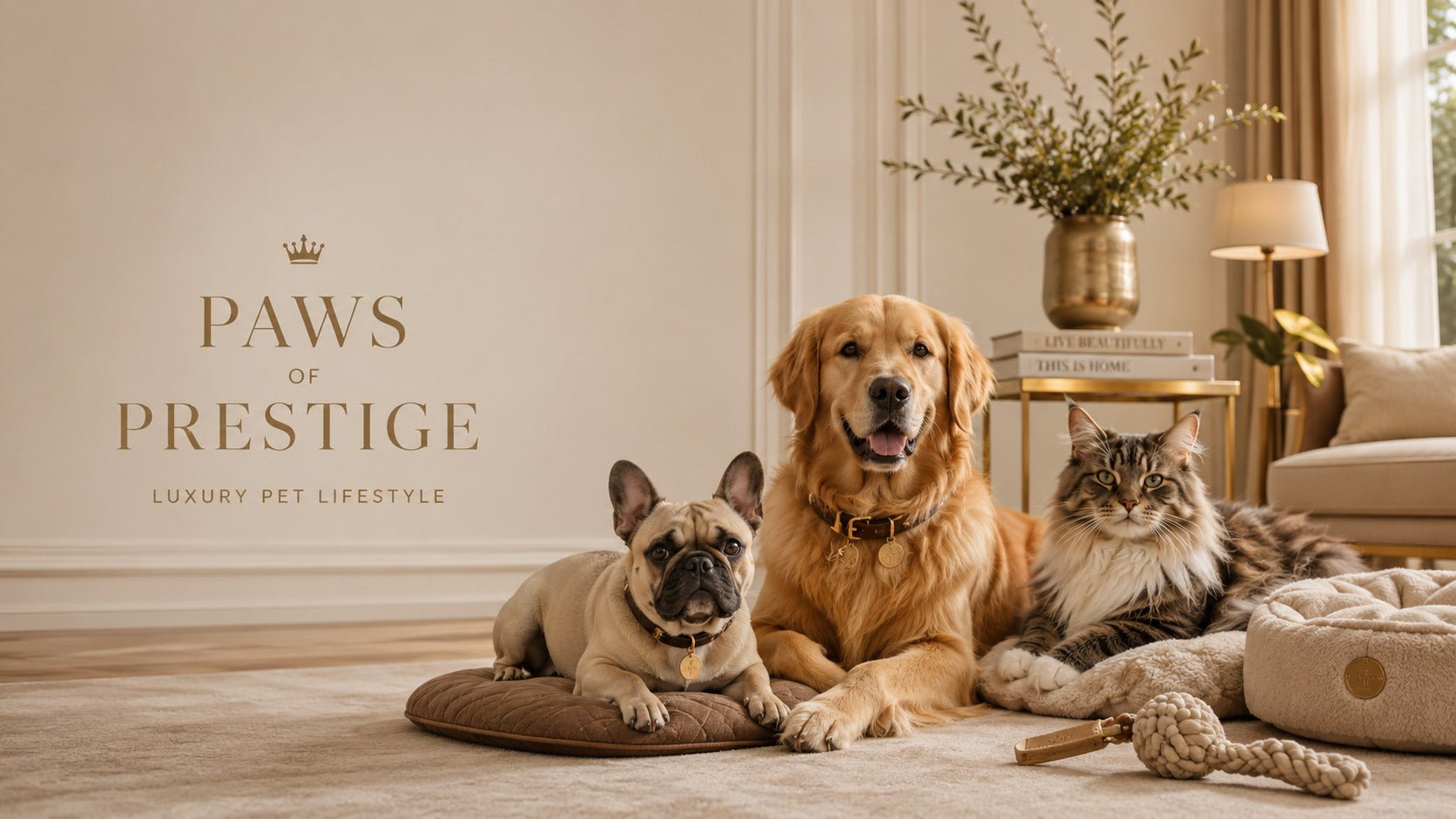 Golden Retriever, Französische Bulldogge und Maine-Coon-Katze gemeinsam in einem eleganten, warm getönten Interieur.