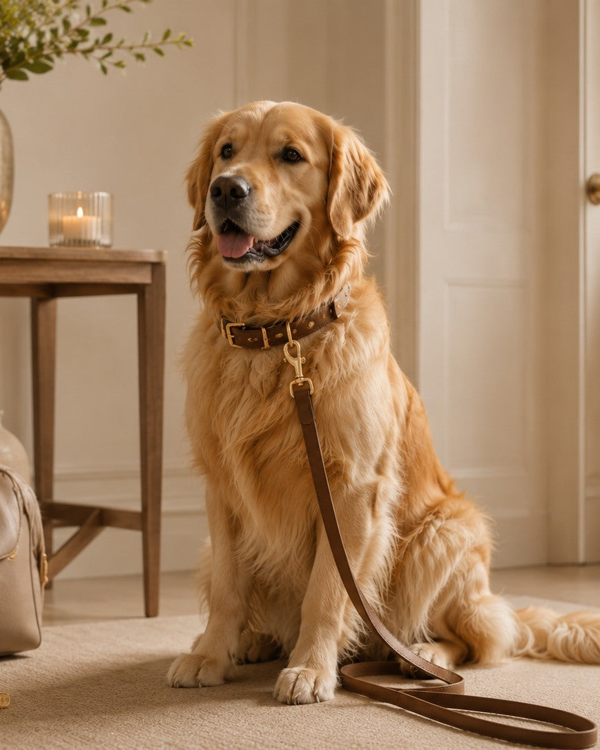 Golden Retriever in einem warmen, eleganten Interieur.