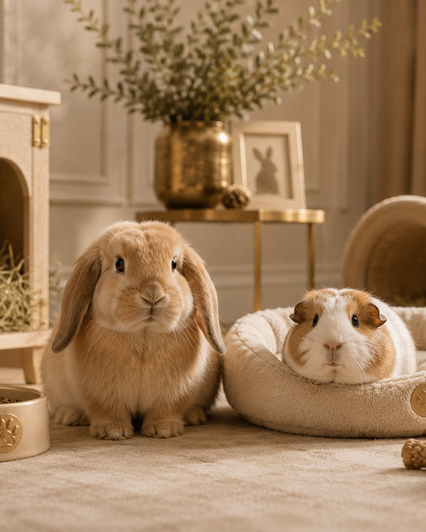 Kaninchen und Meerschweinchen neben hochwertiger Einstreu und Zubehör für Kleintiere.